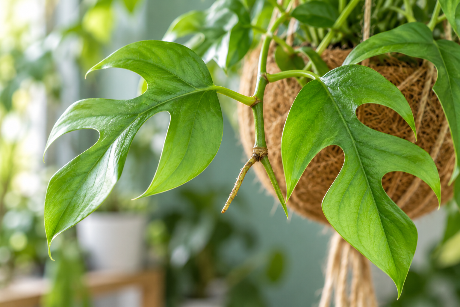 AI-created enlarged deep green leaf lobes, shoot node and aerial root