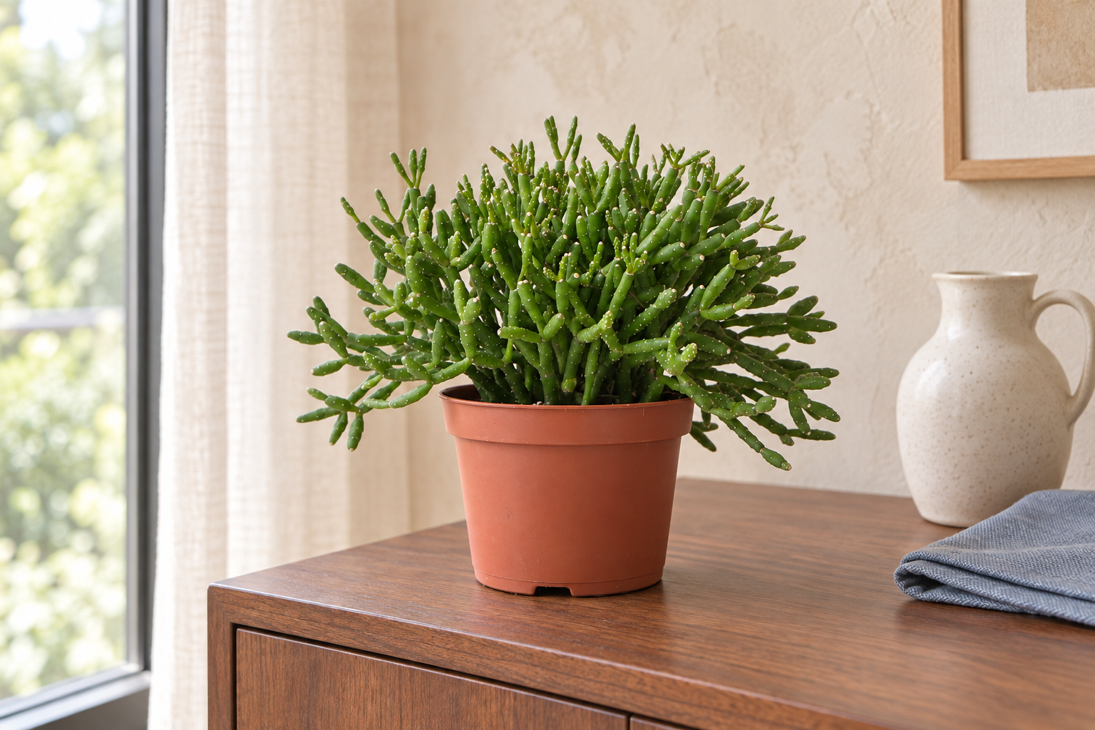 AI-created example view of Rhipsalis Cereuscala Gold with many short branching green shoots