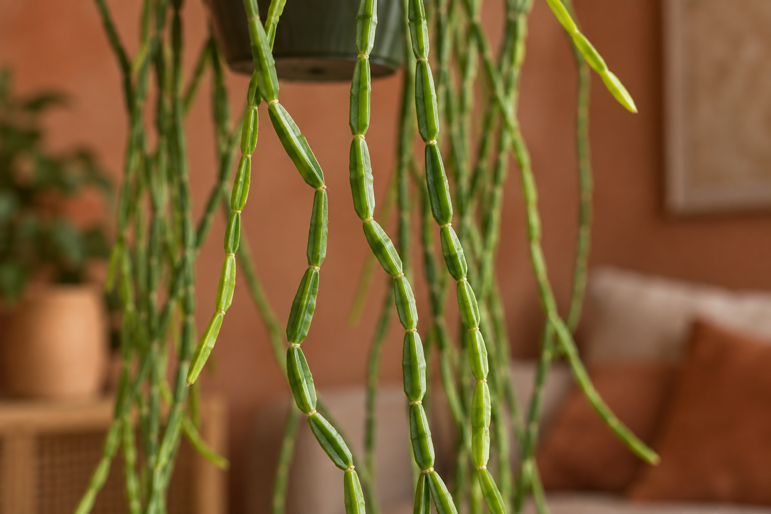 Vergrößerte KI-Detailansicht der charakteristischen Sprossform von Rhipsalis paradoxa