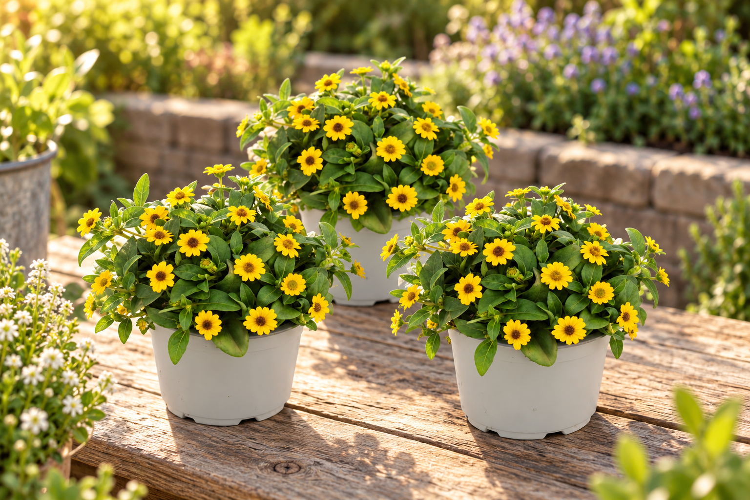 KI-gestaltete Gartenszene mit Sanvitalia procumbens in den Proportionen der jungen Sortimentspflanzen