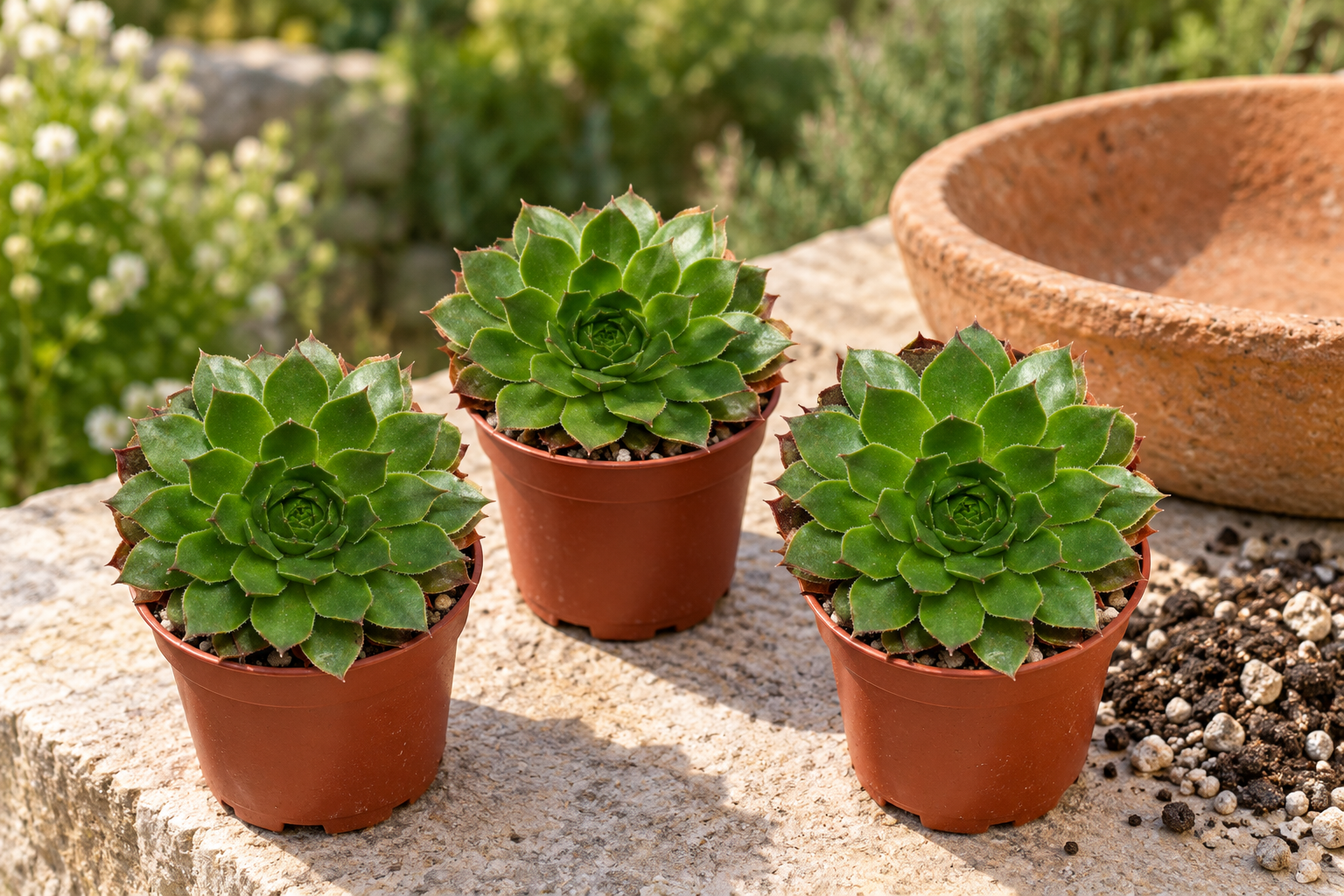 Trois petites rosettes vertes Flasher dans des pots de culture bruns sur une dalle calcaire claire près d’une coupe vide au jardin ensoleillé ; scène créée par IA