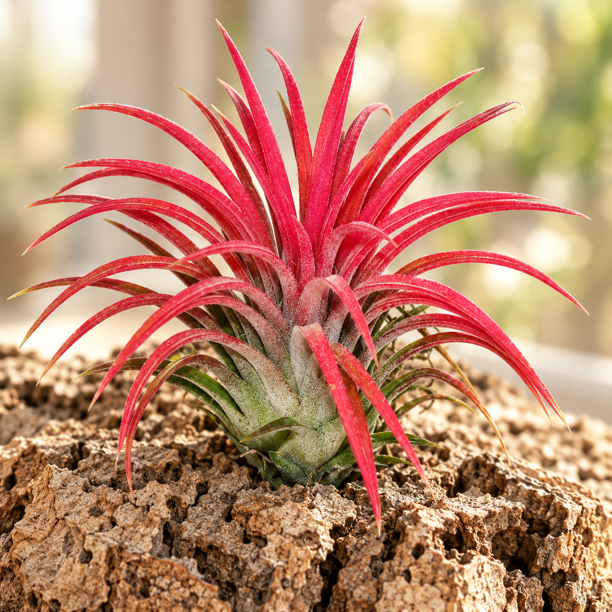 Base verte finement écailleuse et feuilles rouges pointues de Tillandsia Fire en gros plan créé par IA