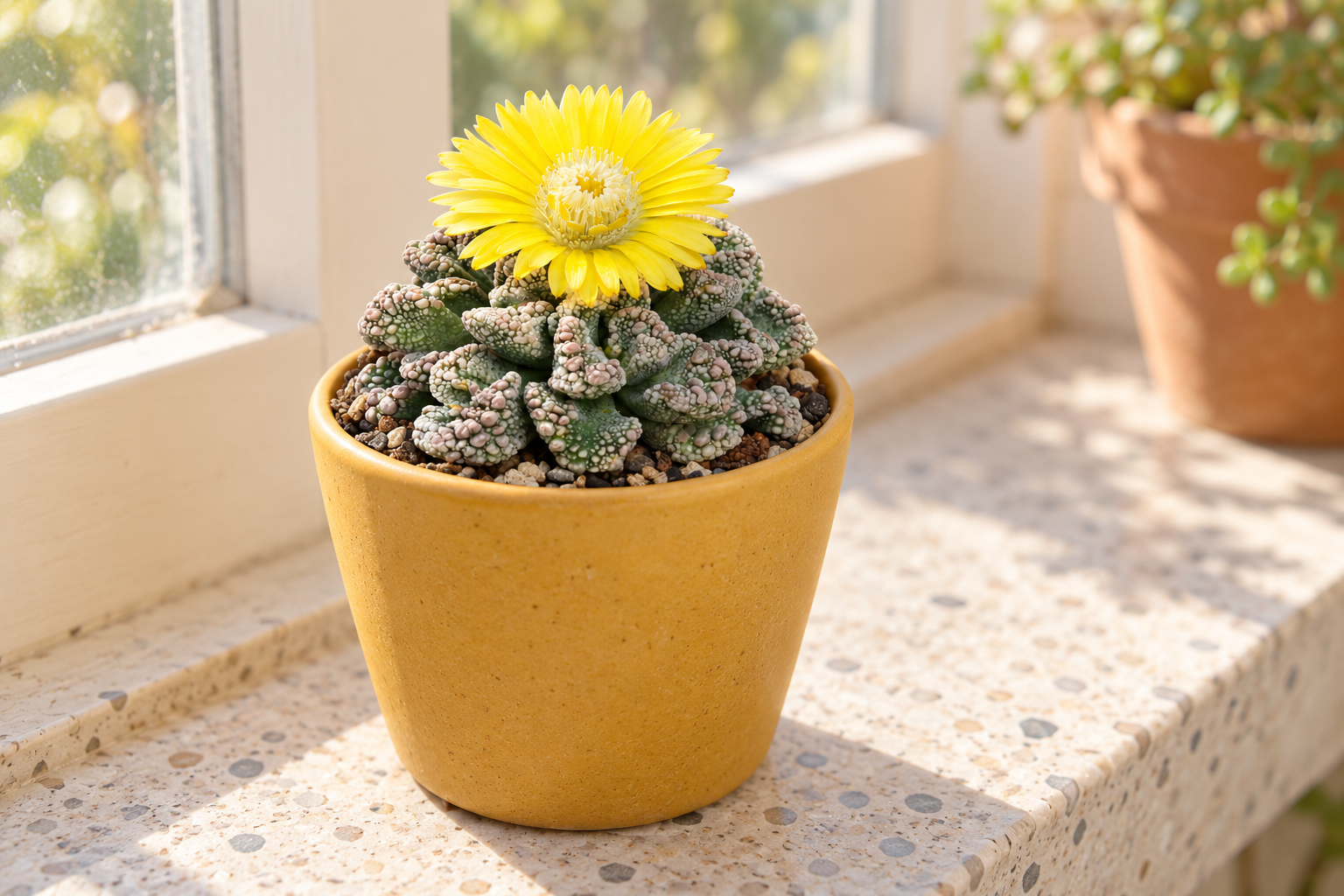 Kleine Titanopsis mit kieselartig besetzten graugrünen Rosetten und gelber Blüte im senfgelben Topf auf einer hellen Fensterfläche