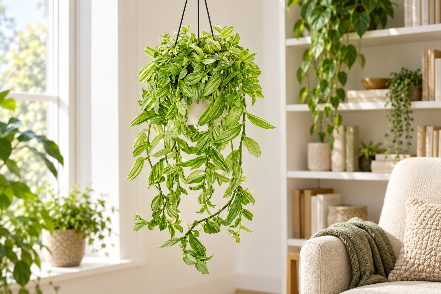 KI-gestaltete Wohnszene mit Tradescantia fluminensis 'Ivory Hill' in den Proportionen der jungen Sortimentspflanze