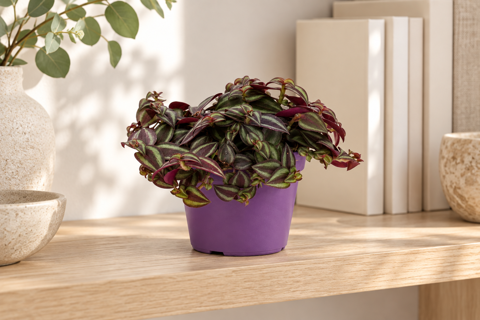 Junge niedrig wachsende Purple-Passion-Dreimasterblume mit violett-grün gestreiften Blättern auf einem hellen offenen Holzregal