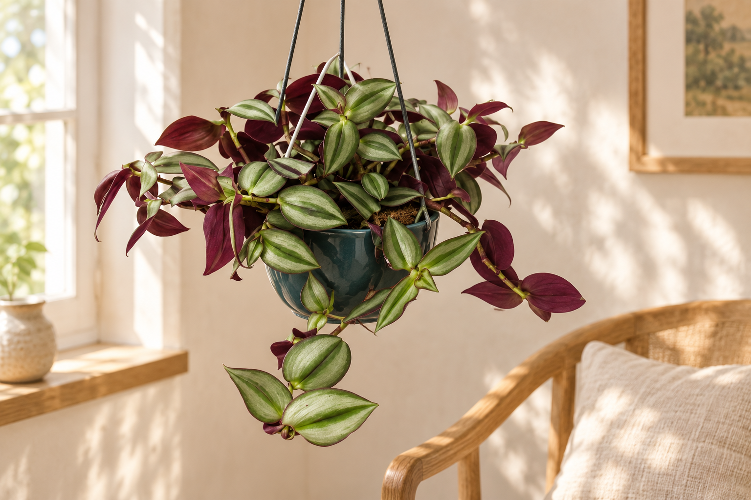 Silvery-green Violet Hill inch plant with purple leaf undersides in a small petrol-blue hanging pot beside a bright reading chair