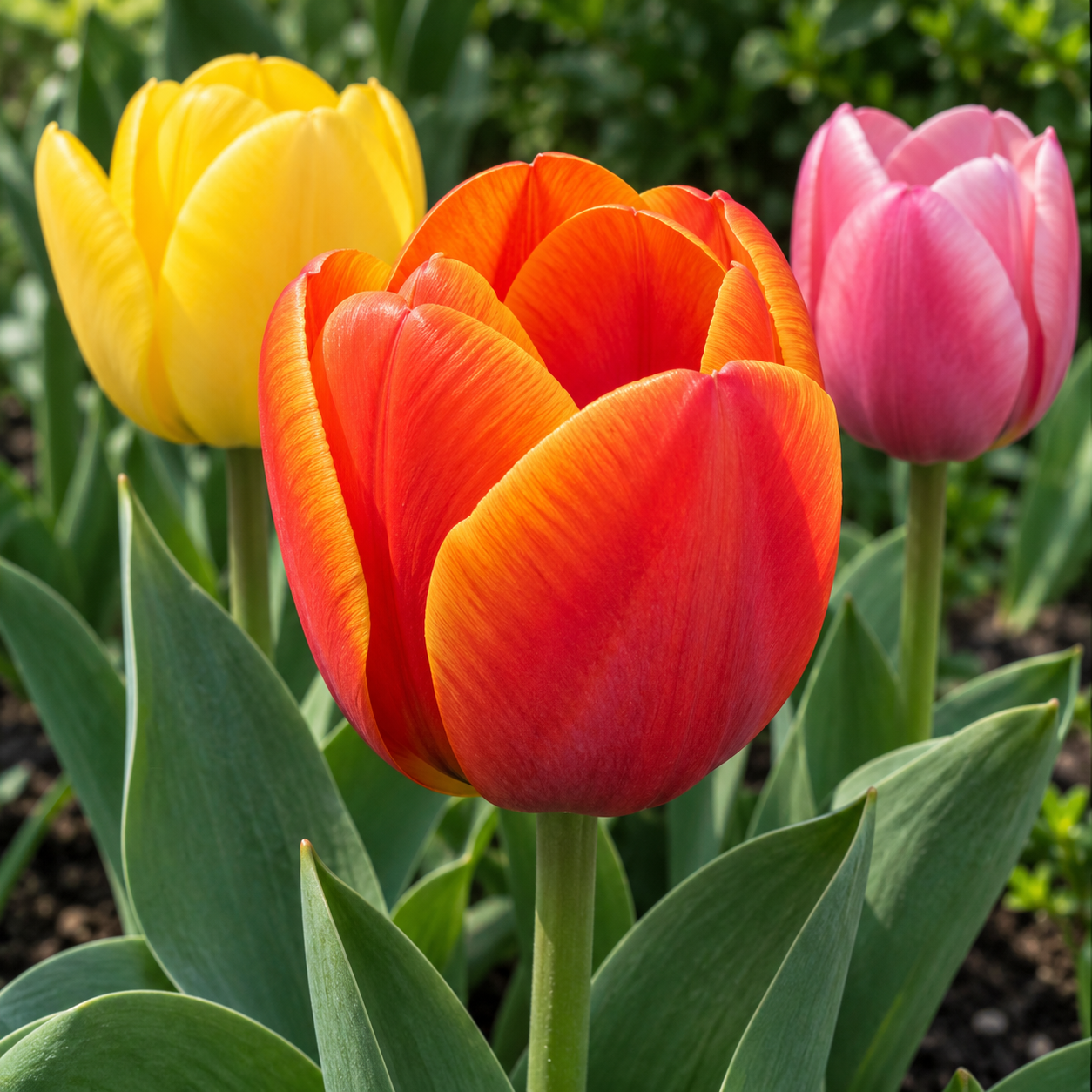 Einfacher orange-roter Darwin-Hybrid-Tulpenbecher mit gelber und rosa Blüte dahinter in KI-gestalteter vergrößerter Nahansicht