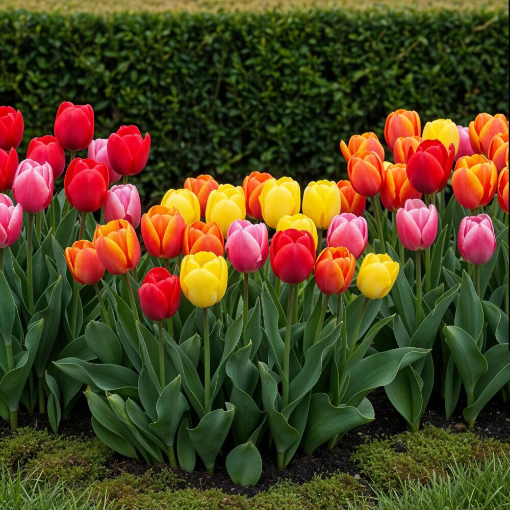 Unverändertes sauberes Original-Shopbild des Darwin-Hybrid-Mixes mit einfachen bunten Blüten und breitem grünem Laub im Garten