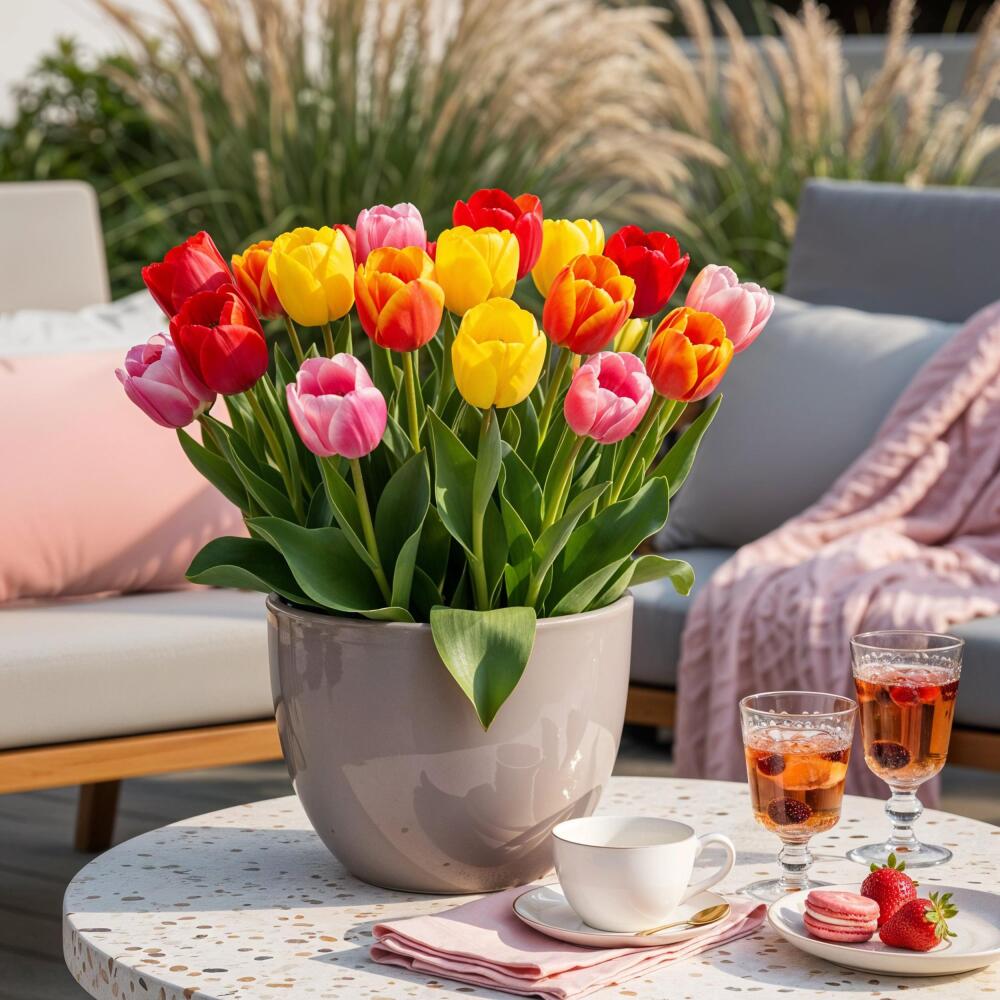 Unverändertes sauberes Original-Shopbild später blühender Darwin-Hybrid-Tulpen im Gefäß auf einer Terrasse