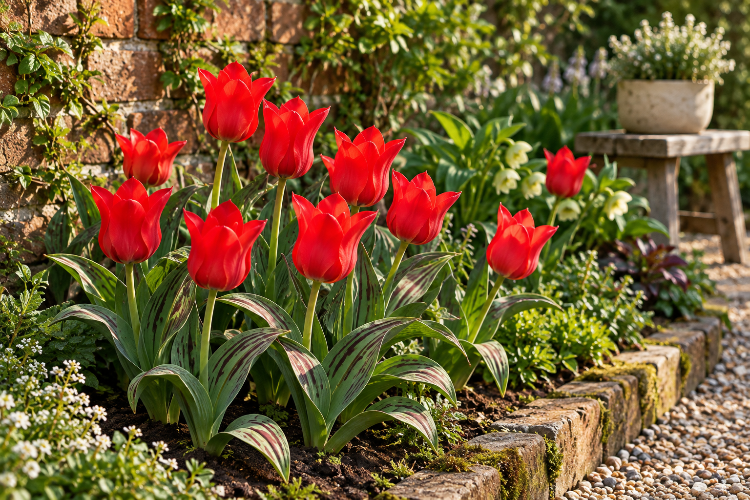 KI-gestaltete spätere Blüte von Tulipa Greigii Group, Handelsbezeichnung Greigii Red am passenden Gartenplatz
