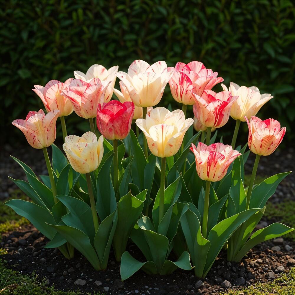 Tulipes simples Hemisphere claires et dessinées de rose-rouge en floraison ultérieure au jardin