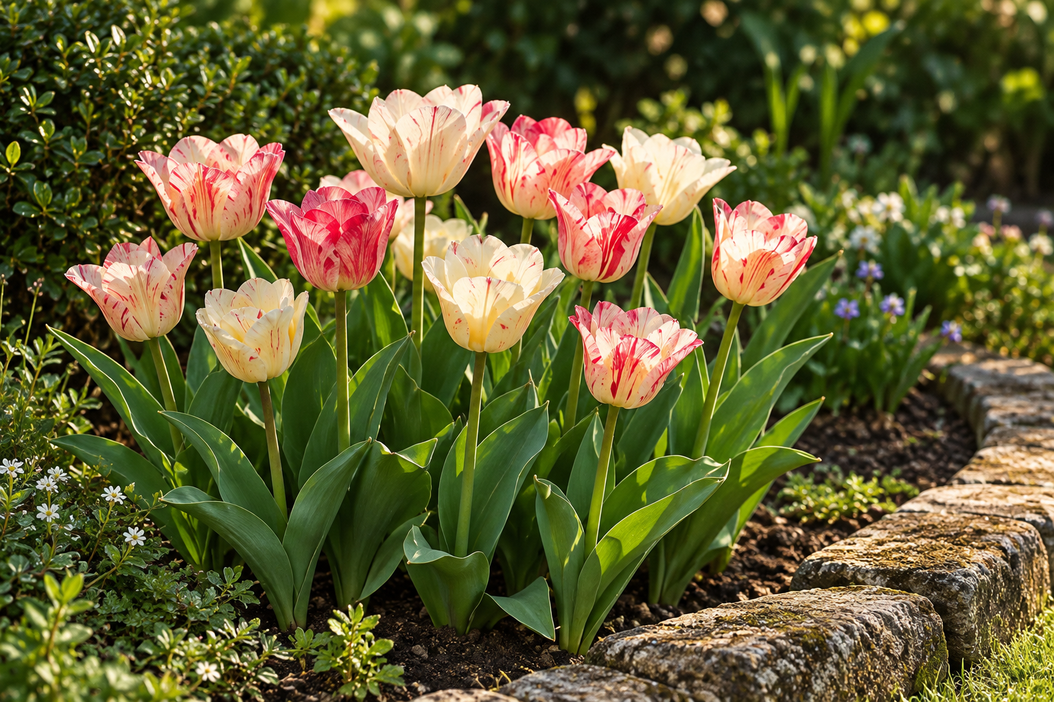 Coupes simples claires de tulipes Hemisphere aux dessins rose-rouge variables au-dessus de larges feuilles vertes près d’une bordure de pierre ; scène ultérieure créée par IA