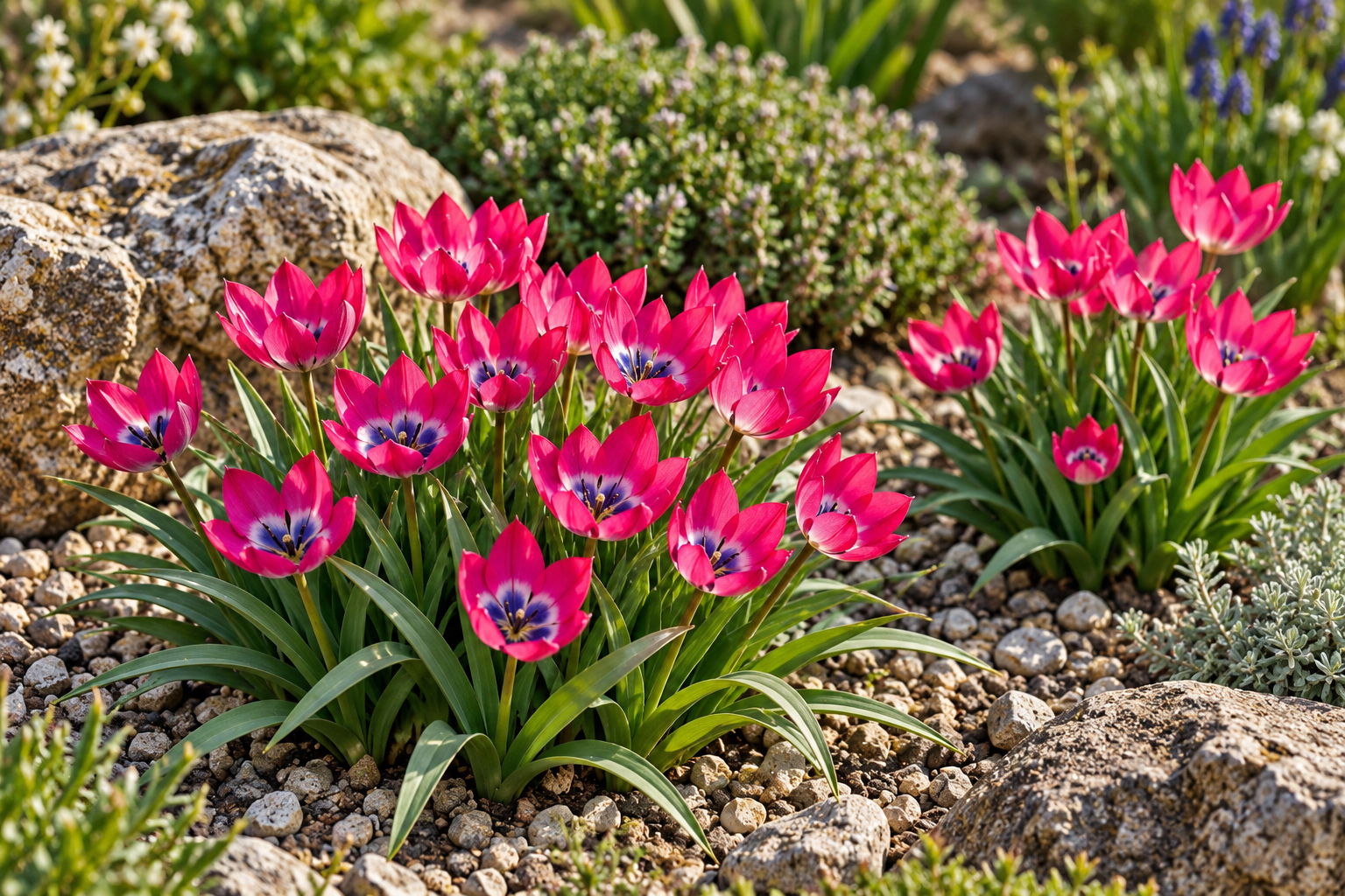 KI-gestaltete spätere Blüte von Tulipa humilis 'Little Beauty' am passenden Gartenplatz