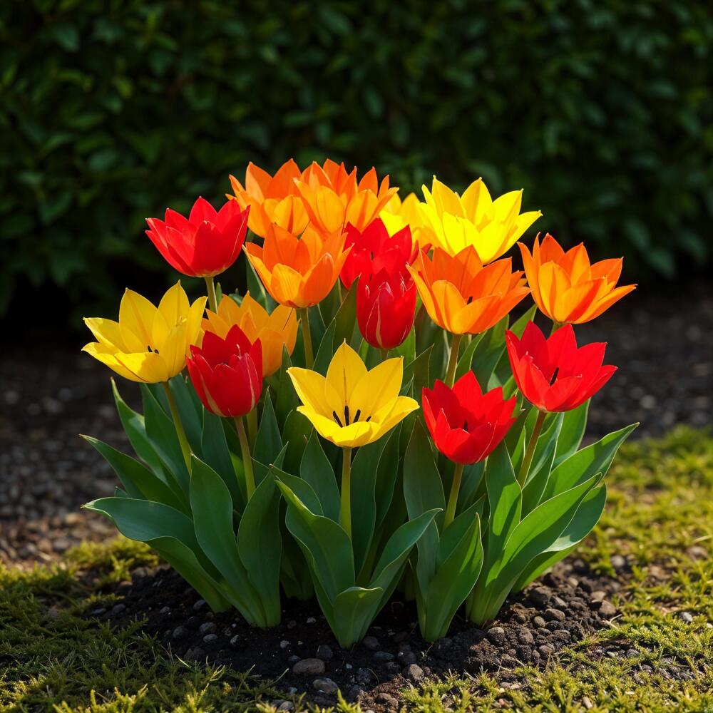 Unverändertes Original-Shopbild der späteren roten, orangefarbenen und gelben Praestans-Blüte im Beet