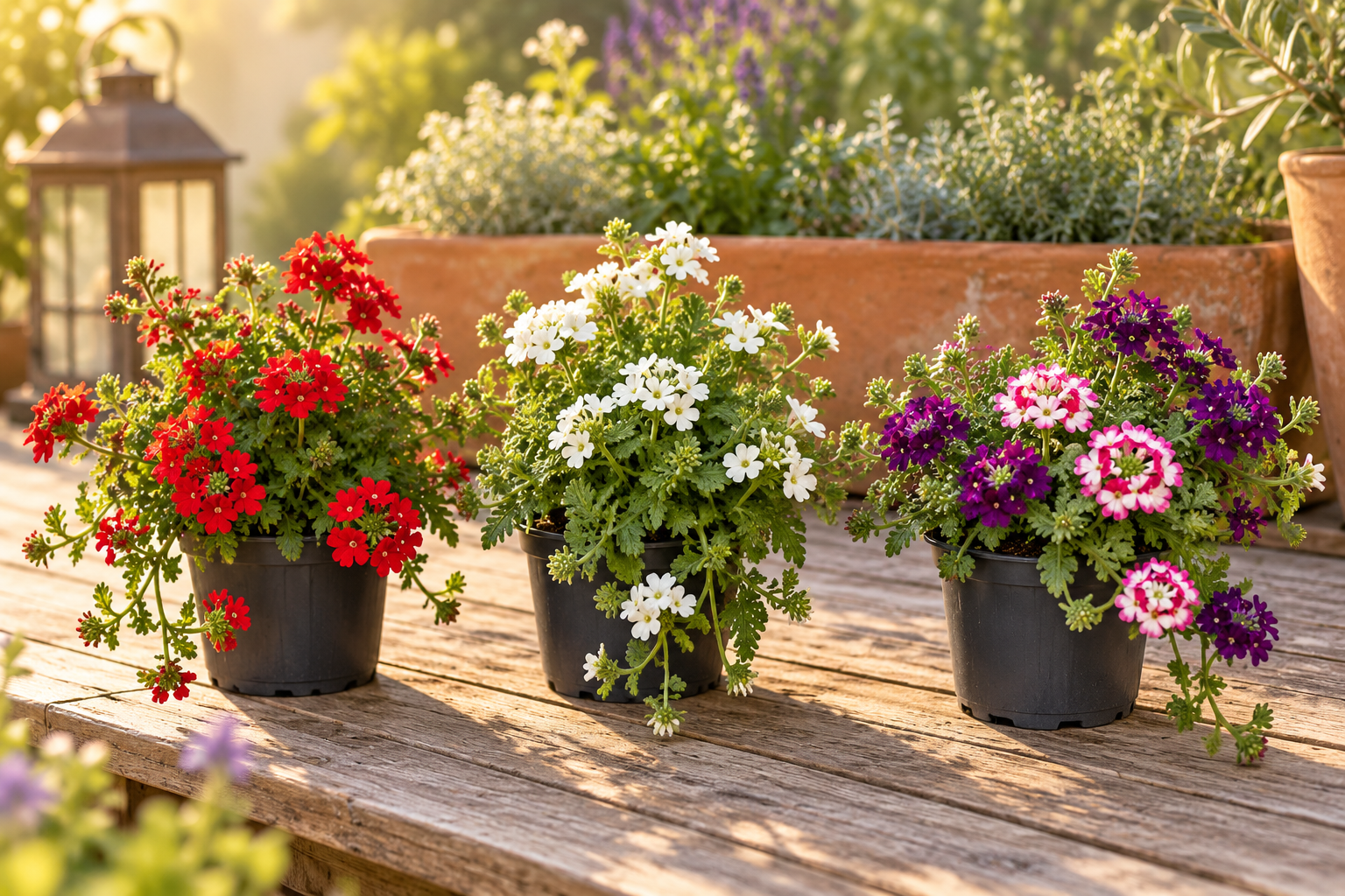 KI-gestaltete Gartenszene mit Verbena · hängende Sortenauswahl in den Proportionen der jungen Sortimentspflanzen
