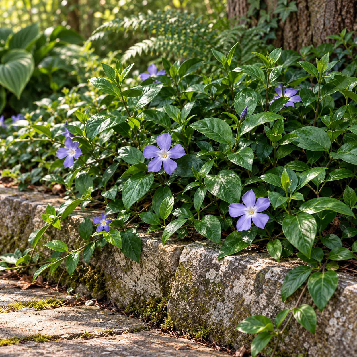 KI-Detailansicht eines entwickelten blühenden Gartenbestands: Vinca major