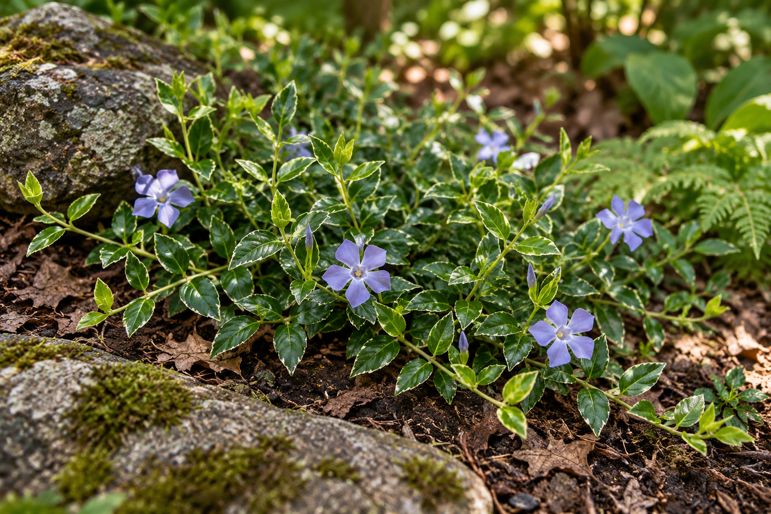 KI-Detailansicht eines entwickelten blühenden Gartenbestands: Vinca minor 'Ralph Shugert'