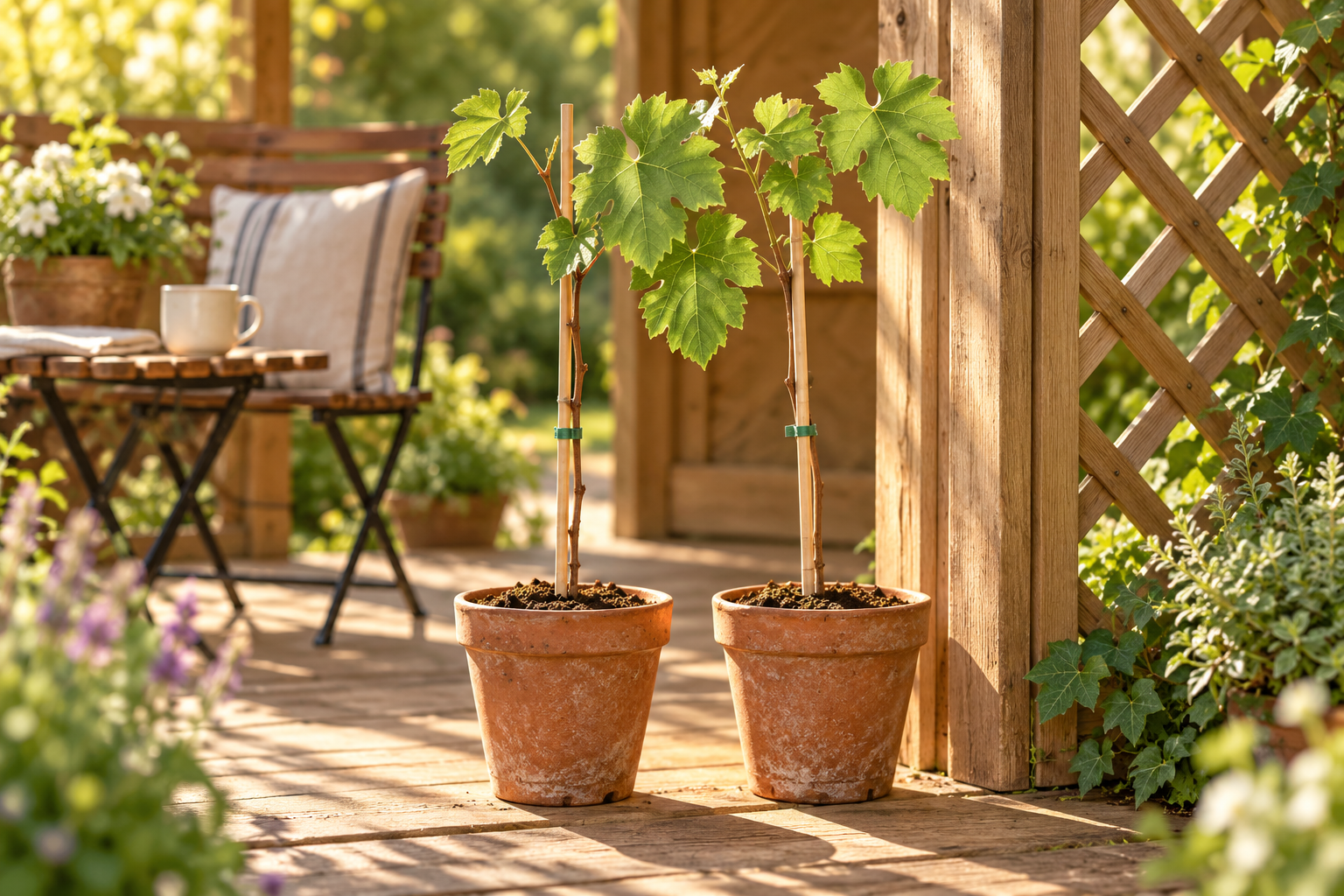 Zwei junge Vroege van der Laan-Weinreben in Terrakottatöpfen am Eingang eines Gartenpavillons mit Holzspalier, KI-Szene